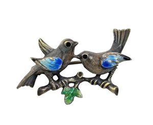 Vintage Silver Enamel Bird Brooch Two Lovebirds on Branch Figural Pin MCM